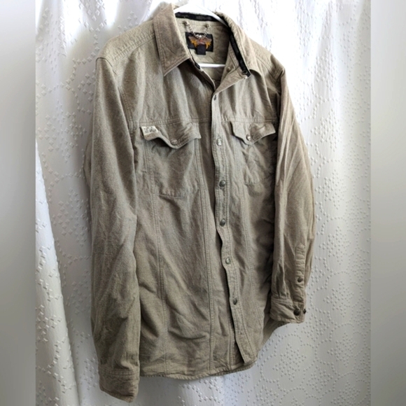 Harley Davidson Tan 100% Cotton Fleece Metal Snap Button Down Medium Tall Beige - Picture 3 of 8
